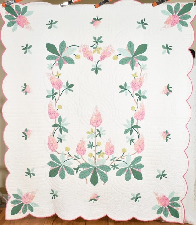 30's "Buckeye Tree" Applique Quilt: This BEAUTIFUL cotton 30's buckeye tree quilt is all hand appliqued and hand quilted, with hand embroidered accents and a scalloped edge. It measures 76" X 82" and is in very good condition, with the