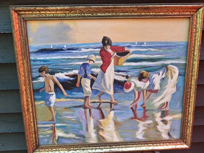oil painting Beach Scene Mother Children Collecting Shells Gorgeous 1960: Great looking piece in excellent condition. On Canvas. Purchased In New England . Looks to be signed Joy. Measures 24 x 20" plus frame. Shipping: Domestic: Flat-rate of $60.00 to anywhere within the