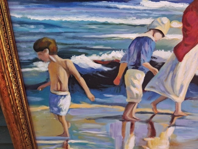 oil painting Beach Scene Mother Children Collecting Shells Gorgeous 1960 - 2