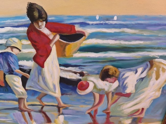 oil painting Beach Scene Mother Children Collecting Shells Gorgeous 1960 - 3