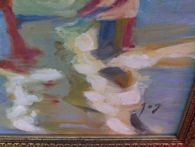 oil painting Beach Scene Mother Children Collecting Shells Gorgeous 1960 - 4