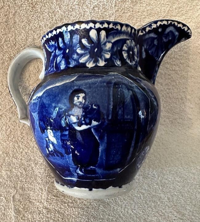 Dark Blue Staffordshire Jug ~ Water Girl (or Girl at the Well) by Clews, c. 1820: A dark blue Staffordshire Jug or Pitcher in the "Water Girl" (sometimes called Girl or Rebecca at the Well, after the Bible Story) by James & Ralph Clews, c. 1820. The transfer shows a young girl