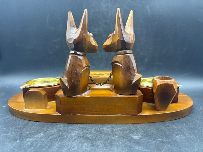 Black Forest Style Tramp Art Smoking Set Desk Stand with Scotty Dogs Ashtrays Tobacco Box Germany - 3