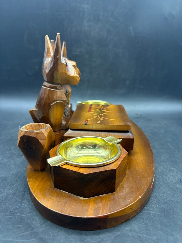 Black Forest Style Tramp Art Smoking Set Desk Stand with Scotty Dogs Ashtrays Tobacco Box Germany - 4