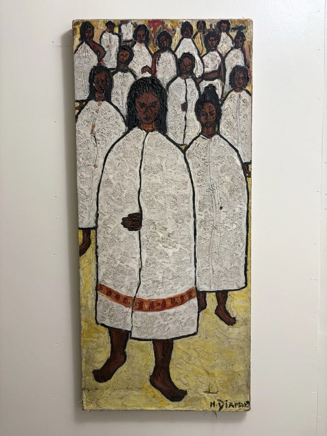 Black Americana Women In Robes Oil On Canvas Painting: For sale is a artist signed black Americana oil on canvas painting that i believe dates around the late 1940'snbecause of the marks on the canvas. It measures 36" x 16. It has three small issues with
