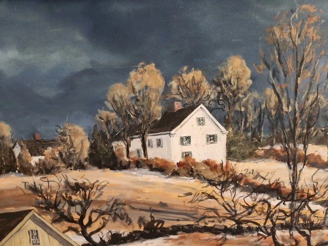 oil painting Alfred Fuller, Am. 1899 - 1980, "April showers" Maine farmhouse: Great looking piece in excellent condition. Oil on board. I have spent a lot of time in Maine and have never seen clouds as Dark in my life. Love the inscription on back. Measures 21 x 27" plus frame.