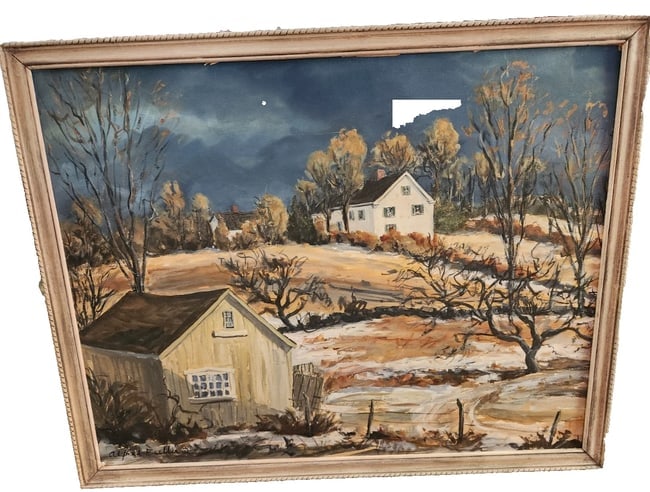 oil painting Alfred Fuller, Am. 1899 - 1980, "April showers" Maine farmhouse - 2