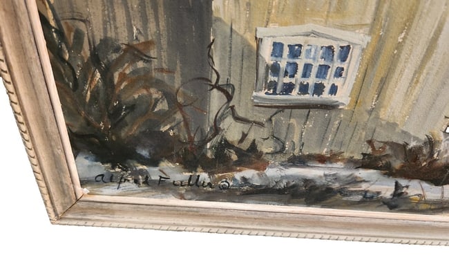 oil painting Alfred Fuller, Am. 1899 - 1980, "April showers" Maine farmhouse - 3