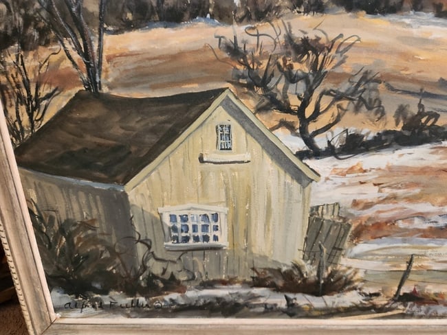 oil painting Alfred Fuller, Am. 1899 - 1980, "April showers" Maine farmhouse - 4