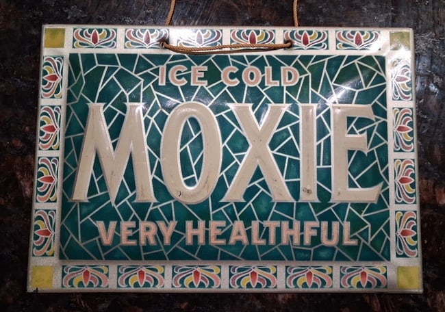 Small Embossed Tin Moxie Sign Over Cardboard NM 1910: Extremely rare. Only two offerings in last 15 years. Both had rust on edges. Minor wear or paint loss in couple of spots. Both were around 3k with rust. Measures approximately 4 x 6". Shipping: Domest