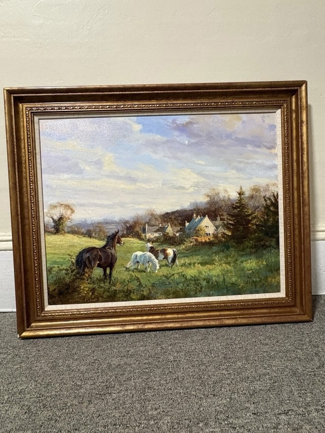 Heather St Claire Davis Oil On Canvas Horses Grazing Landscape Painting: 33 3/8" x 27 1/2" and the canvas measures 28" x 22 1/4". It is artist signed and is in very good condition with no issues. Heather st claire is a very sought after artist and examples of her work