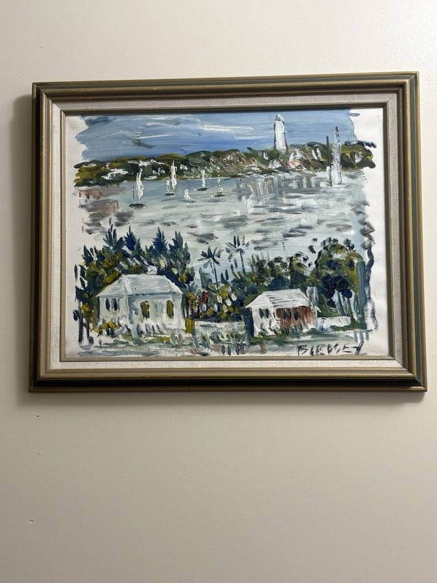 Alfred Birdsey Oil On Board Landscape Painting: For sale is a oil on board painting by alfred birdsey ( bermuda 1912-1996) that dates around 1995. The frame measures 21 1/4" x 17 1/4" and the board measures 18" x 14". It is in good condition