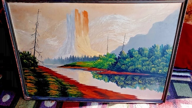 1920 Western Painting Monarch Of Green River Colorado 24 x 36 ": Great looking piece in very good condition. Love the coloring and lighting. Screams western landscape. UNSIGNED. Measures approximately 24 x 36" plus frame. Shipping: Domestic: Flat-rate of $75.00 to