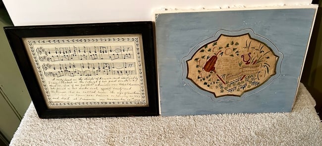 2 Pieces of Music Calligraphy: 2 examples of Musical Calligraphy: One is rather ornately decorated piece but UNFRAMED. It has a uniquely shaped matte (small) with an incised border. It probably dates to the mid-late 19th century.