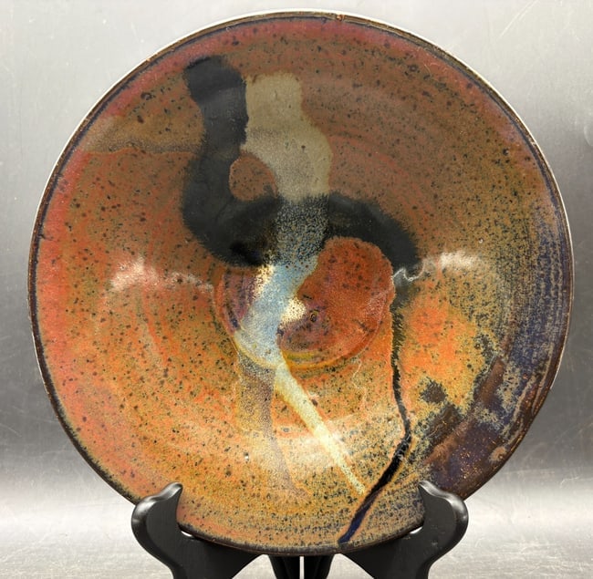 Vintage Studio Pottery Bowl Abstract Landscape Glaze Signed 7.5 Inch - 6