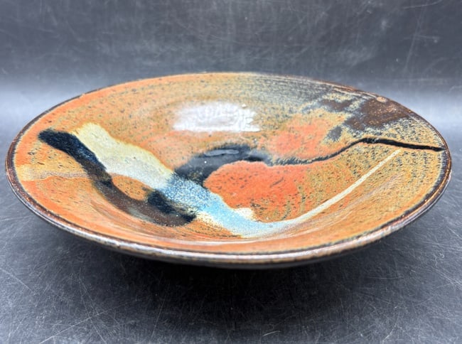 Vintage Studio Pottery Bowl Abstract Landscape Glaze Signed 7.5 Inch - 8