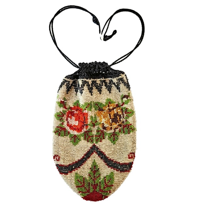 Vintage Victorian Beaded Micro Floral Drawstring Purse with a Crochet Top (1 of 6)