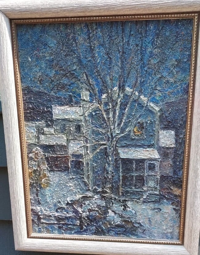 Phenomenal Oil painting First Snowfall morning Signed: One of the best painting I have seen. Lighting and colors are incredible. Looks to be signed on bottom left corner. Measures by 18 x 28" overall. Shipping costs include insurance. Shipping: Domestic:
