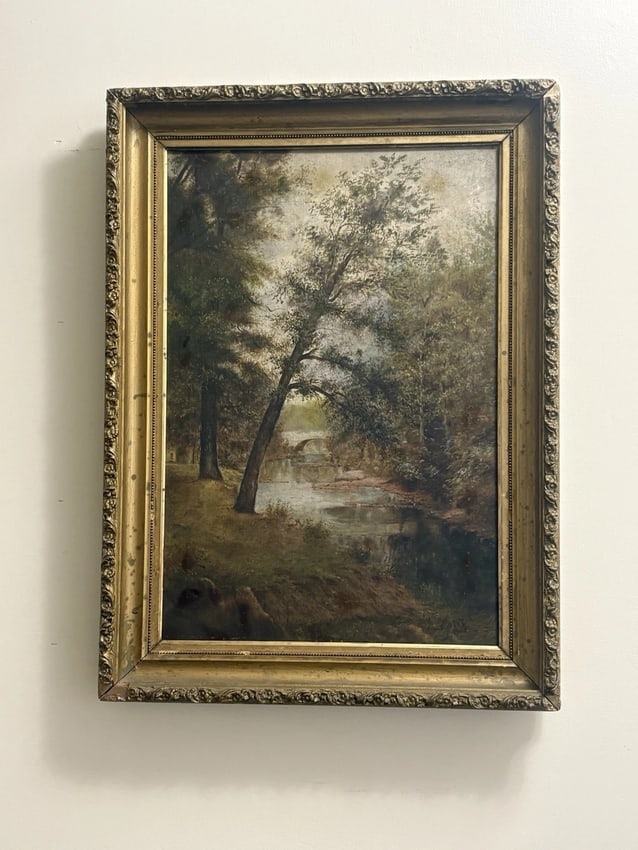 W W Dye Oil On Canvas Landscape Painting: For sale is a oil on canvas landscape painting by w w dye and is dated 1909. The frame measures 22 3/4" x 16 5/8" and the canvas measures 19" x 14". It has a tiny hole that has been touched up and the