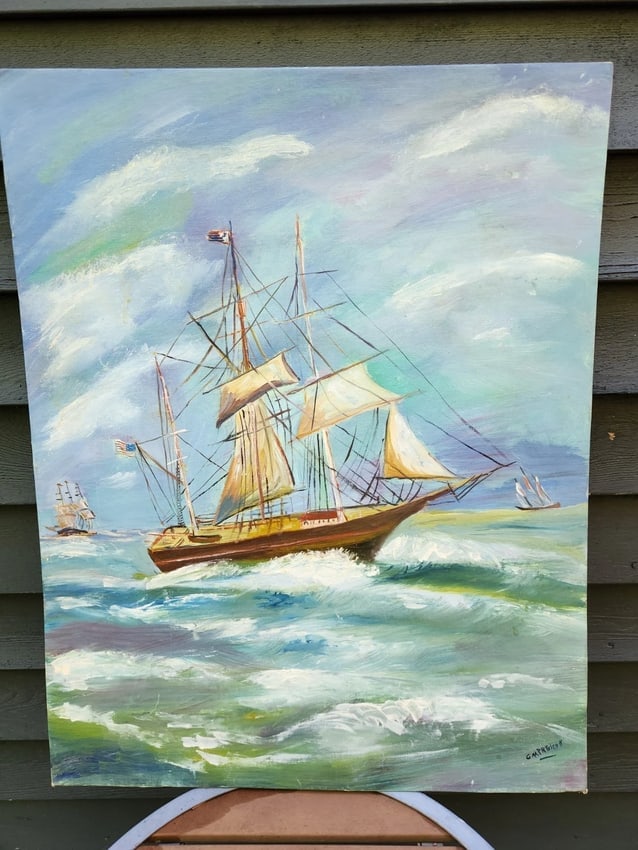 Sailing Ship Oil painting Board 1950 Gladsy Prescott Auburn Maine American Flag: Great looking piece in excellent condition. Great colors. Purchased in southern Maine. Gladys Prescott Measures 28 x 22" overall . Shipping: Domestic: Flat-rate of $30.00 to anywhere within the