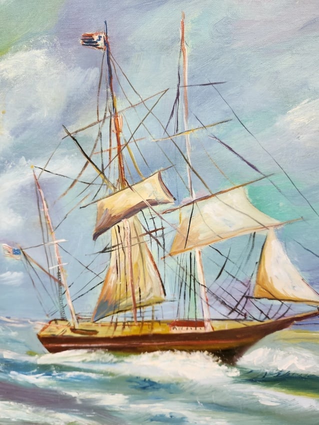Sailing Ship Oil painting Board 1950 Gladsy Prescott Auburn Maine American Flag - 2