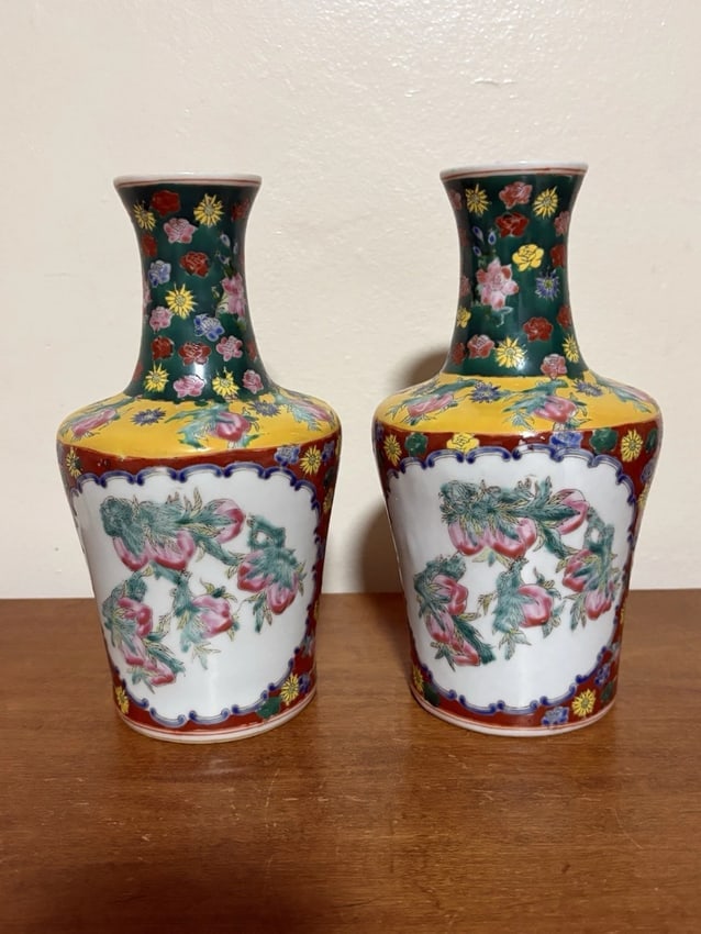 Pr Early Chinese Porcelain Famille Rose Pomegranate Vases: They are 8 5/8" high and are marked. They have no chips, cracks or repairs. There are several small spots that have paint slips that are glazed over from when they were made Shipping: Domestic: