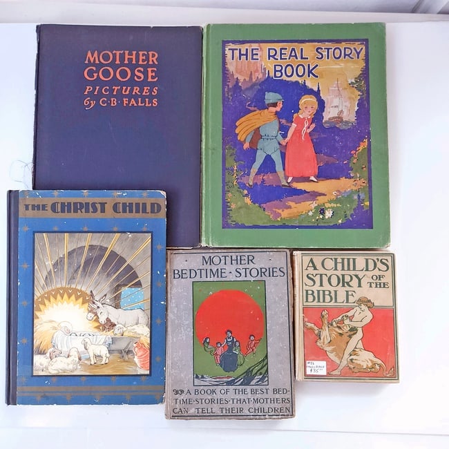 Early 20th Century Children's Illustrated Books: Mother Goose First Edition with Pictures by C.B. Falls 1924 First Edition HC The Real Story Retold by Wallace C Wadsworth Pictures by Margaret Evans Price 1928 HC Mother Bedtime Stories A Book of the
