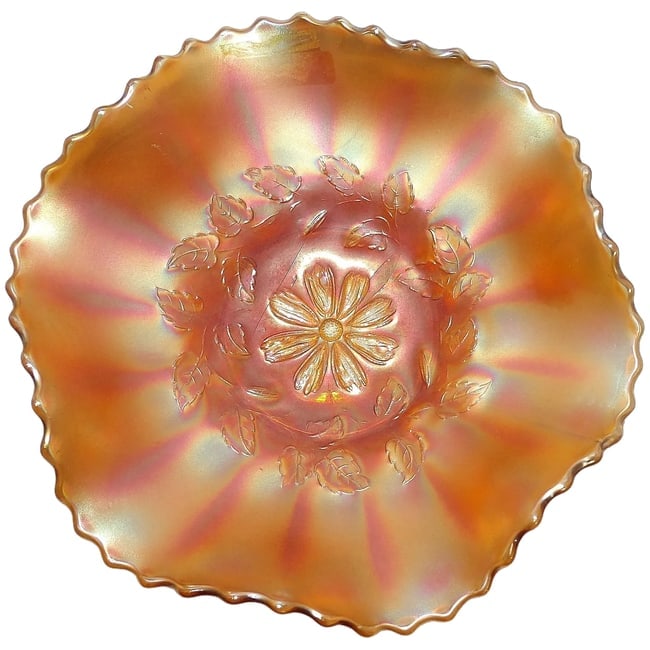 Antique Dugan Marigold Windflower Ruffled Rim Bowl: This is a great ANTIQUE Marigold Windflower Glass Bowl with Crimped Ruffled Rim by Dugan Glass 1905 - 1913.The pattern is the "Windflower", a well loved pattern by Dugan Glass. This bowl is 8 1/4"