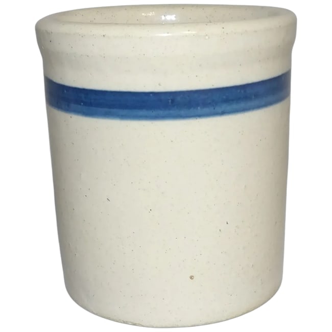 Heavy Crock Jar with Blue Band: This Heavy Crock Jar with Blue Band is in excellent condition. It would be great for storing small kitchen utensils or even as a grease jar. It also would look great with the right flower arrangement
