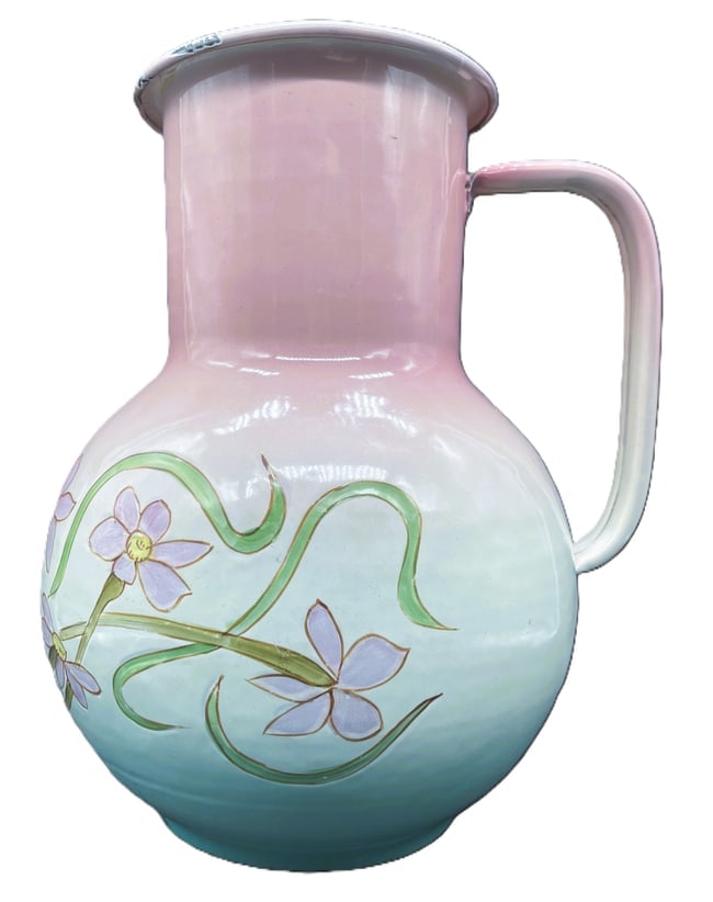 ANTIQUE French Country ENAMEL PITCHER 11" BOUDOIR: Date/Period: Approx. early 1900's Dimension: Approx. 11 tall x 10 x 8 Material: metal , enamel Additional Information: Embrace the charm of a bygone era with this antique enameled boudoir pitcher,