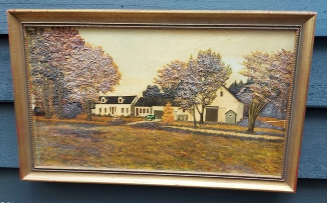 oil painting House With Car Scene 1956 Robert Leibensperger { 1931-2012}: Great looking piece in excellent condition. Robert is known for his duck carvings. Rare signed painting with texture raised surface. Dated 1958 . Measures 10 x 18" with frame. Shipping: Domestic: Flat