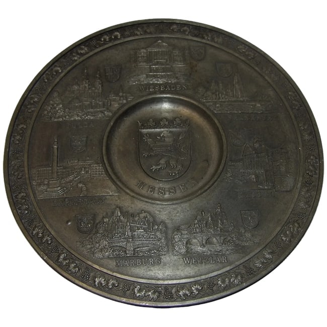 Oxidized Pewter Souvenir of Germany with Hesse Coat of Arms: Oxidized Pewter Souvenir of Germany with Hesse Coat of Arms is in excellent condition. Oxidized pewter is dark and old looking and is produced this way. This wall plaque was produced around 1949 when