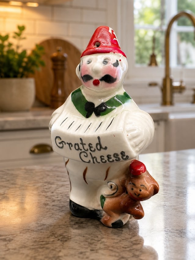 Vintage Mid-Century Japanese Ceramic "Grated Cheese" Clown Shaker or Dispenser, circa 1950s: Date/Period: Approx. 1940s-1960s Dimension: 6.25" Tall x 4" Wide x 3" Deep Material: ceramic Additional Information: Charming vintage ceramic clown figurine featuring a "Grated Cheese" banner and an