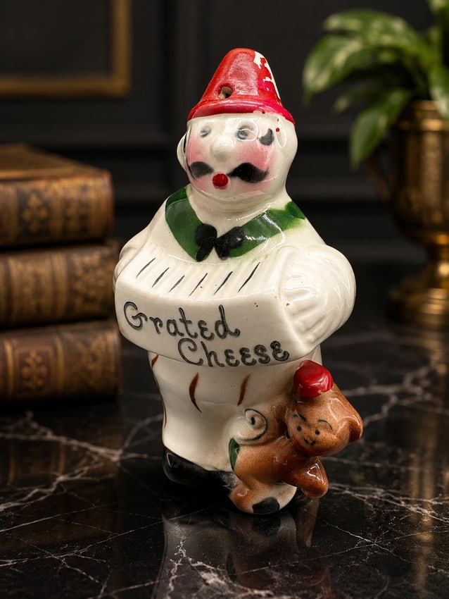 Vintage Mid-Century Japanese Ceramic "Grated Cheese" Clown Shaker or Dispenser, circa 1950s - 2