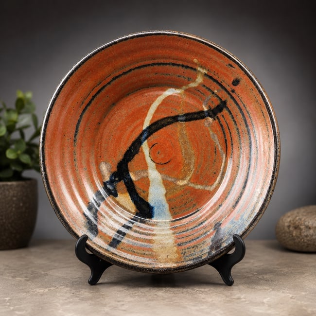 Signed Studio Pottery Art Plate Bowl Hand Thrown Abstract Earth Tone Glaze (1 of 8)