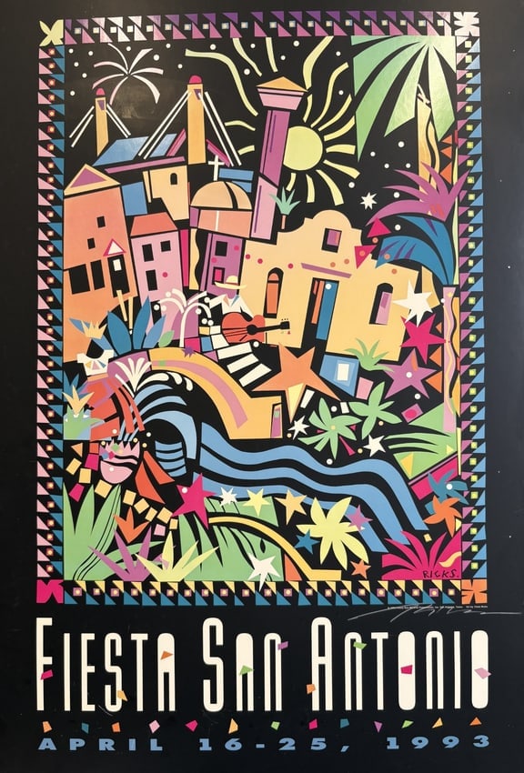 Signed 1993 Fiesta San Antonio Poster by Thom Ricks, Backed Large Format - 2