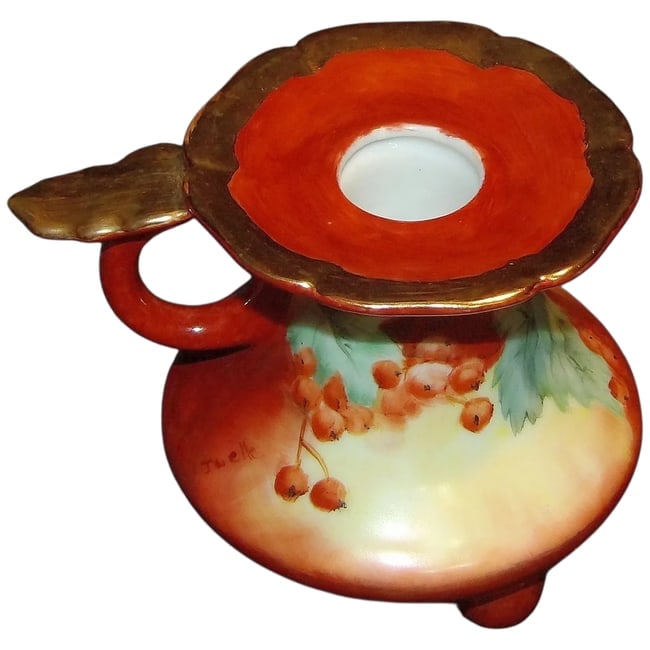 Hand Painted with 22kt Gold accent Candle Holder: This Hand Painted with 22kt Gold accent Candle Holder is in excellent condition. Maker mark is L. H. on bottom. NO nicks, loss of paint, etc. It looks as if it was never used. Measures 3 1/4"in