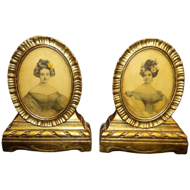 Antique Gold Leaf Portrait Bookends: This pair of Antique Gold Leaf Portrait Bookends are in excellent condition- NO damage Porcelain body and photos are in excellent condition. They measure 7 1/2" x 5 3/4" x 1 3/4" not including steel t