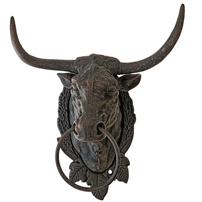 Rustic Cast Iron Bull Head Door Knocker Towel Holder Wall Hanging Black: Fantastic bull head door knocker, crafted from solid cast iron in a black finish. Nose hitch ring is loose and functional, not seized. No rust Excellent statement piece Measures 10" horn tip to horn
