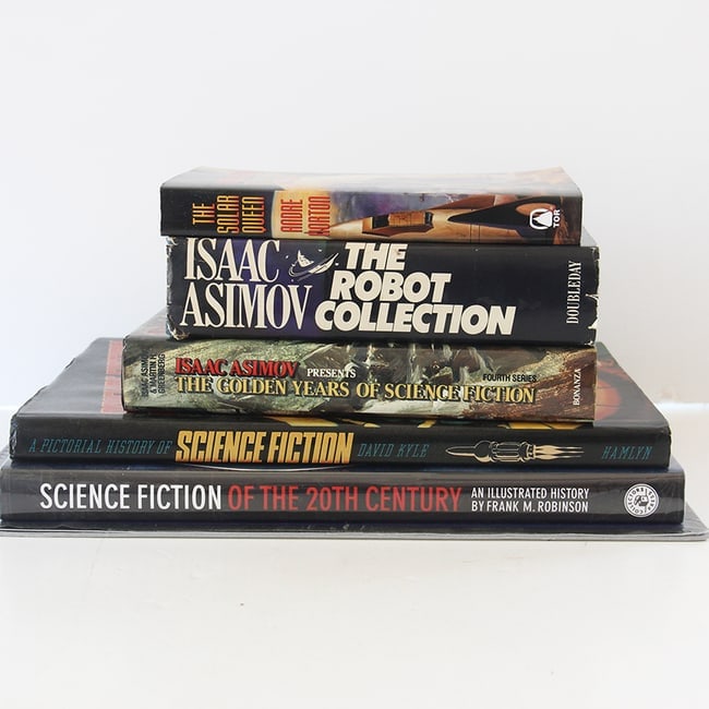 vintage 5-book sci-fi collection featuring Isaac Asimov hardcovers, Pictorial histories and opera: The Robot Collection by Isaac Asimov (Doubleday, 1983): A hard-to-find, massive hardcover omnibus edition containing his classic robot novels The Caves of Steel and The Naked Sun, along with The