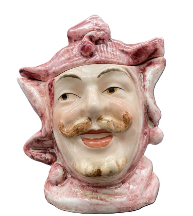 Vintage Majolica Style Figural Man Head Tobacco Jar / Humidor, Court Jester: Date/Period: UNKNOWN Dimension: APPROX 5.5 X 3.75 X 3.5 Material: CERAMIC Additional Information: VINTAGE FIGURAL TOBACCO JAR COURT JESTER MAJOLICA POSSIBLY AUSTRIAN Shipping: Domestic: Flat-rate of