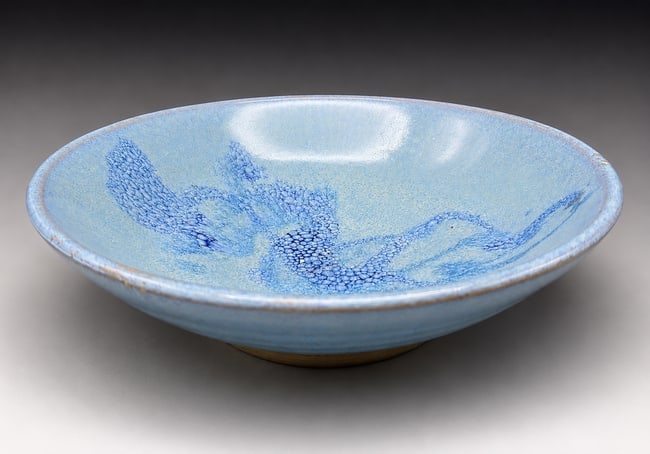 Signed Studio Art Pottery Bowl Blue Crystalline Glaze Signed: Date/Period: UNKNOWN Dimension: Signed studio art pottery Blue crystalline/cellular glaze decoration Hand-thrown stoneware bowl Approx. 10.25" diameter x 2" deep Signed PAT Material: pottery
