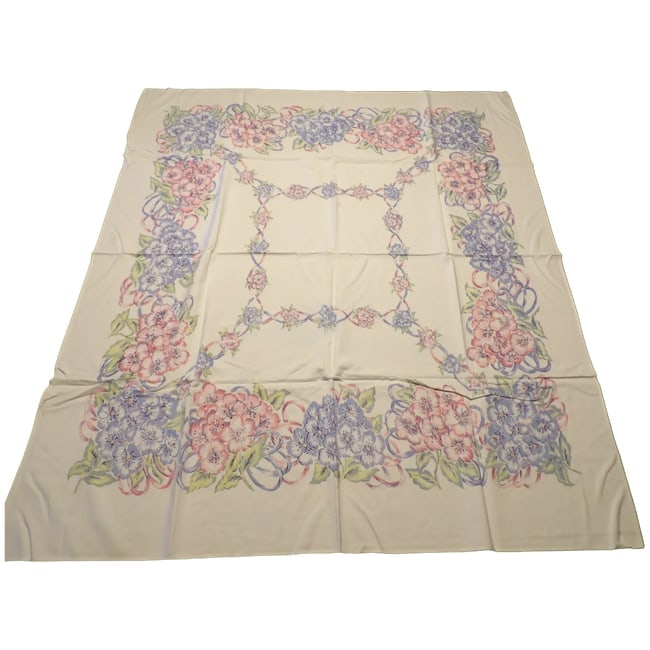 Floral Cotton Breakfast or Kitchen Tablecloth: This Floral Cotton Breakfast or Kitchen Tablecloth is in good condition with only two minor stains (shown in photos). It measures 51" x 44" so it will fit older rectangle kitchen tables. Beautiful col