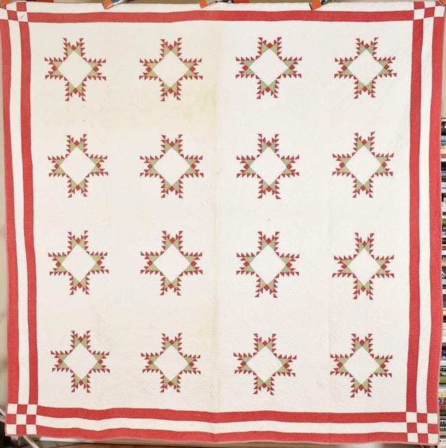 Feathered Stars Quilt Dated "1882": This GORGEOUS cotton red and green calico feathered stars quilt is hand pieced and hand quilted, with the date "1882" hand embroidered in one corner. It measures 78" X 78" and is in very good conditio