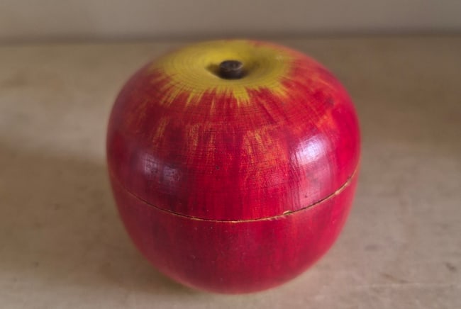 Wooden apple candy container: 2 1/2". C. 1960s. Shipping: Domestic: Free shipping to anywhere within the contiguous U.S. International: Foreign shipping rates are determined by destination. International shipping may be subject