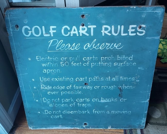Golf Course Sign Golf Cart Rules Painted On Board 1950: Great looking piece in very good condition. Great patina. Was used outside. Shows distress. Measures 24 x 24" Shipping: Domestic: Flat-rate of $40.00 to anywhere within the contiguous U.S.