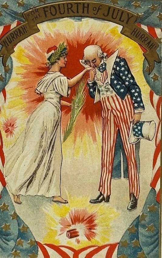 Patriotic Embossed Post Card Uncle Sam & Lady Liberty Hurrah! July 4th Flag 1910 (1 of 3)