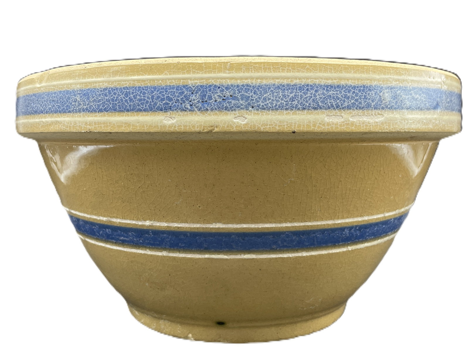 Antique Yellow Ware Blue & White Striped Banded 10 1/2" Stoneware Mixing Bowl - 2