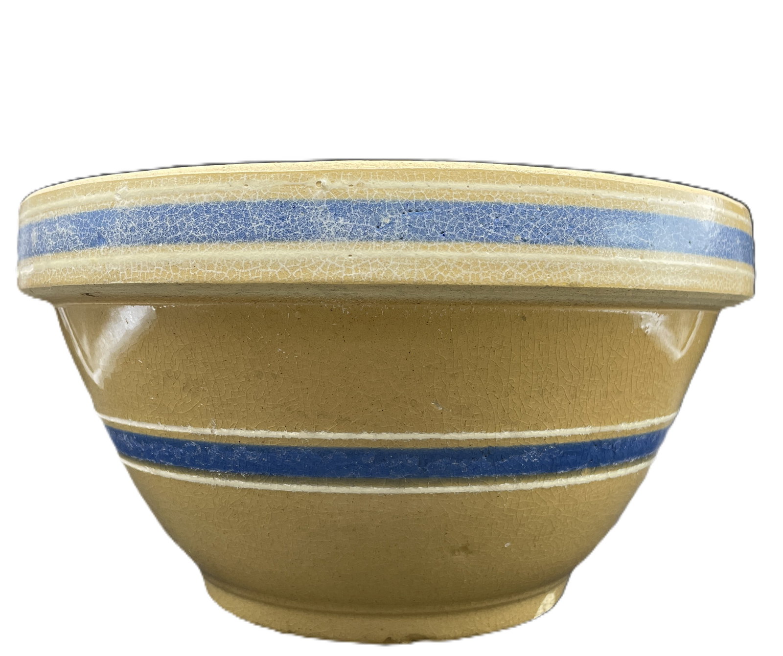 Antique Yellow Ware Blue & White Striped Banded 10 1/2" Stoneware Mixing Bowl - 3