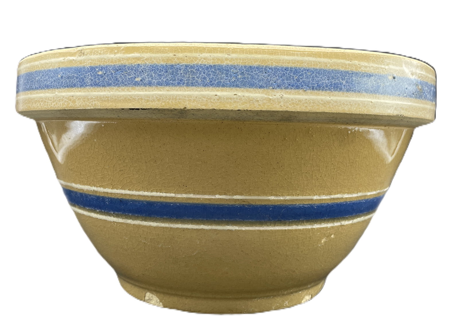 Antique Yellow Ware Blue & White Striped Banded 10 1/2" Stoneware Mixing Bowl - 4